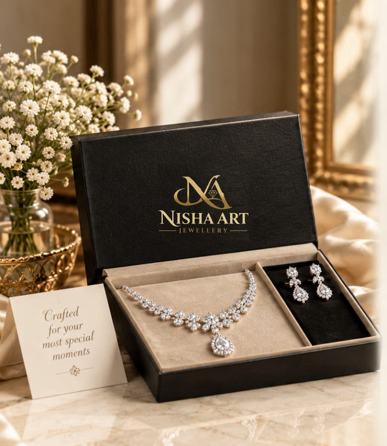 Nisha Art Jewellery presentation box with an American Diamond necklace and matching drop earrings